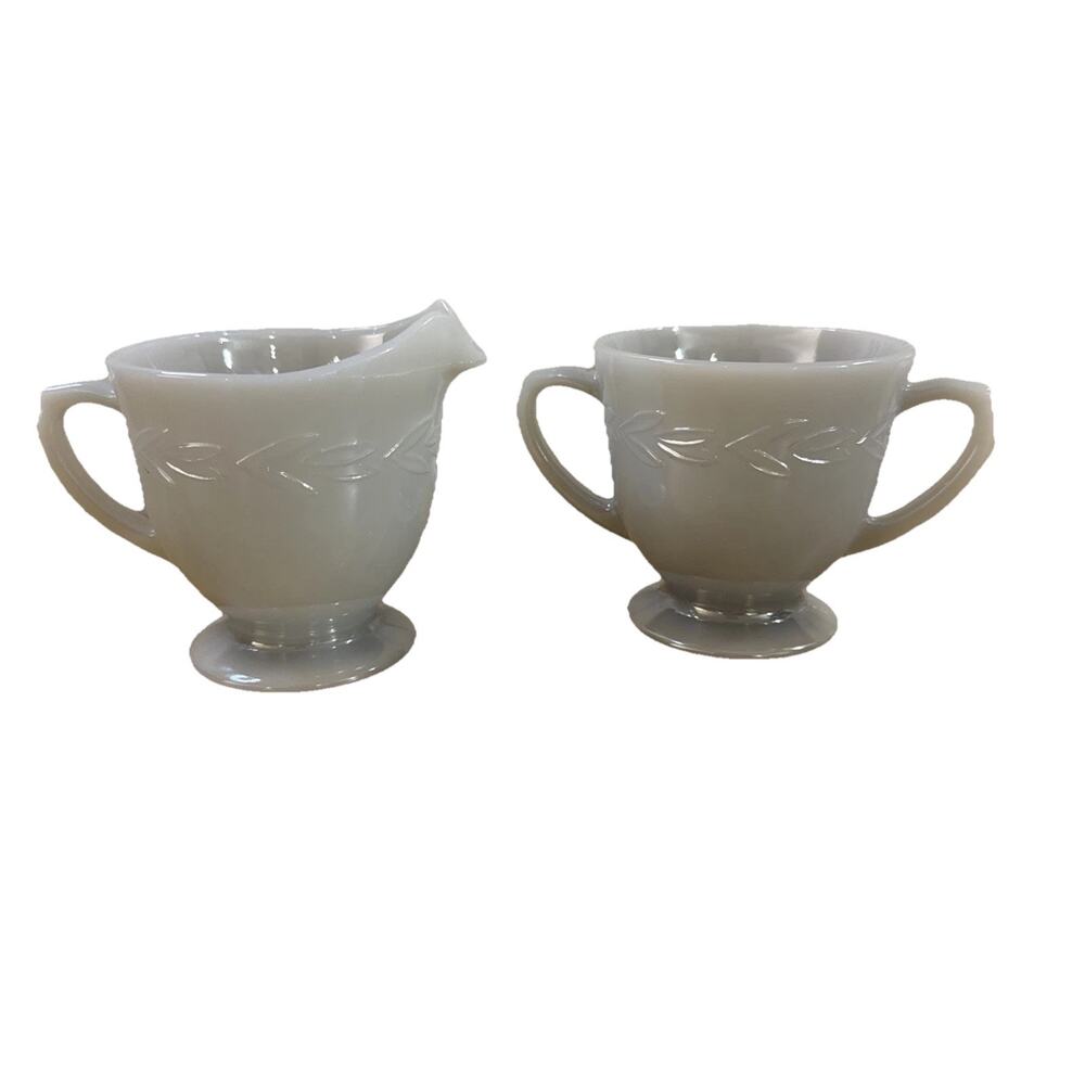 Vintage Fire King Gray Laurel Creamer Sugar Set Anchor Hocking MCM Milk Glass